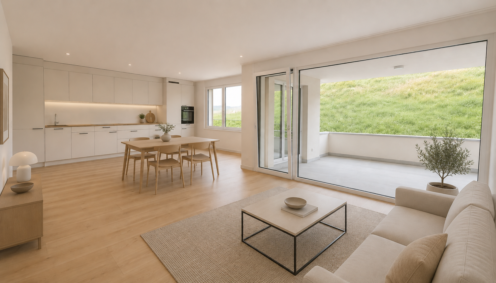 Wohnzimmer und Küche möbliert